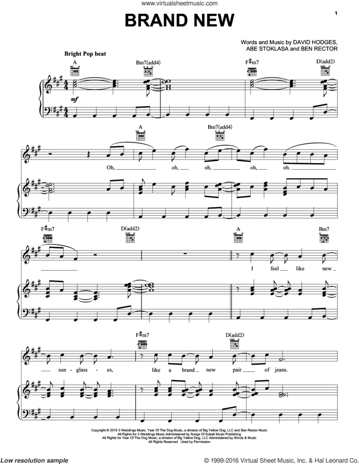 Brand New sheet music for voice, piano or guitar by Ben Rector, Abe Stoklasa and David Hodges, intermediate skill level