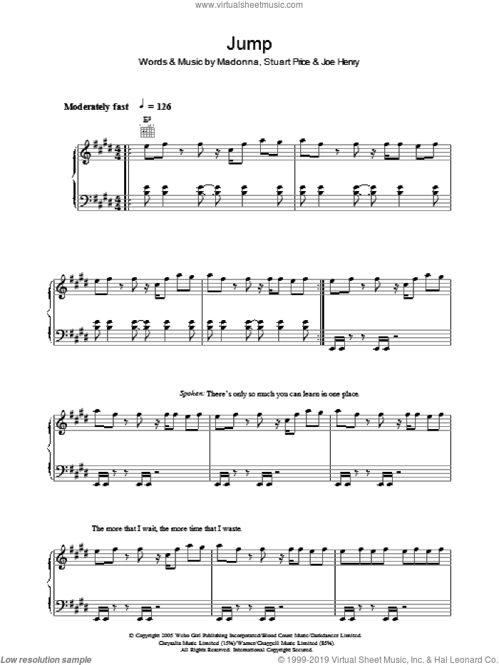 Jump sheet music for voice, piano or guitar by Madonna, Joe Henry and Stuart Price, intermediate skill level