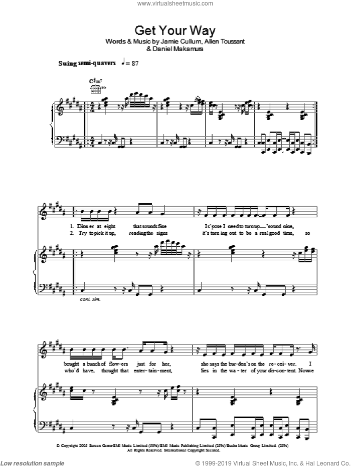 Get Your Way sheet music for voice, piano or guitar by Jamie Cullum, Allen Toussaint and Daniel Nakamura, intermediate skill level