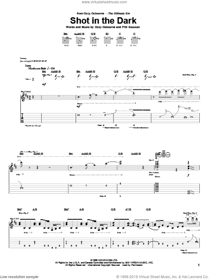 Shot In The Dark sheet music for guitar (tablature) by Ozzy Osbourne and Phil Soussan, intermediate skill level