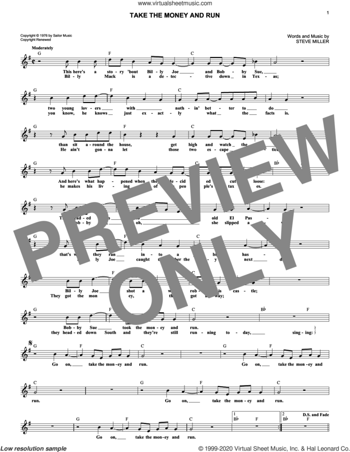 Take The Money And Run sheet music for voice and other instruments (fake book) by Steve Miller Band, intermediate skill level