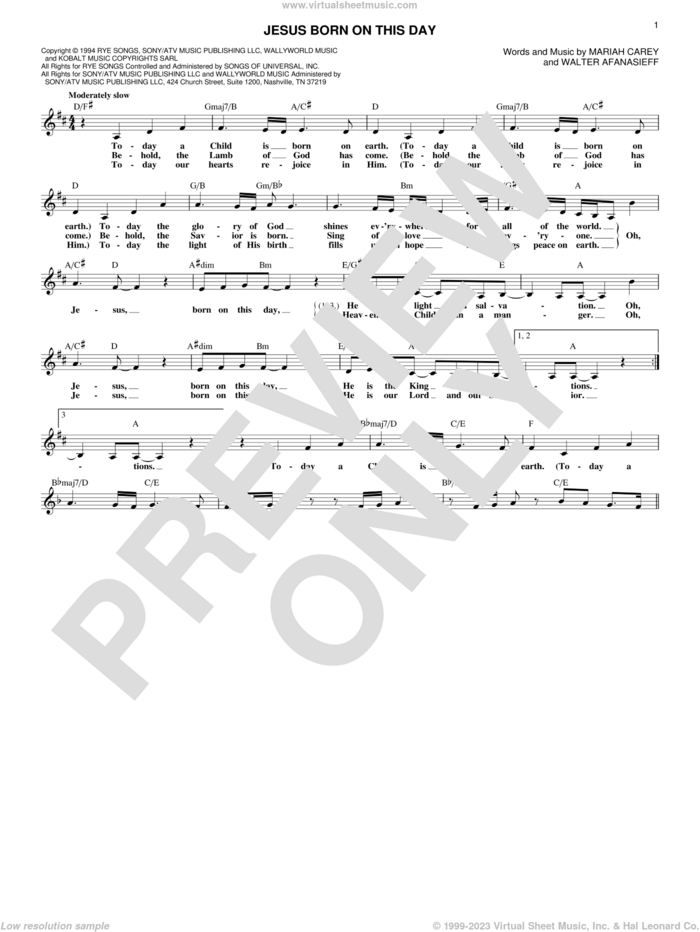 Jesus Born On This Day sheet music for voice and other instruments (fake book) by Mariah Carey and Walter Afanasieff, intermediate skill level