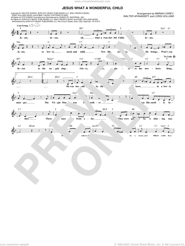 Jesus What A Wonderful Child sheet music for voice and other instruments (fake book) by Mariah Carey and Walter Afanasieff (arr.), intermediate skill level