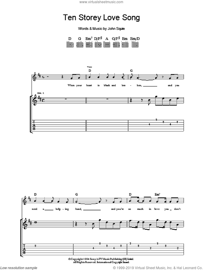 Ten Storey Love Song sheet music for guitar (tablature) by The Stone Roses and John Squire, intermediate skill level