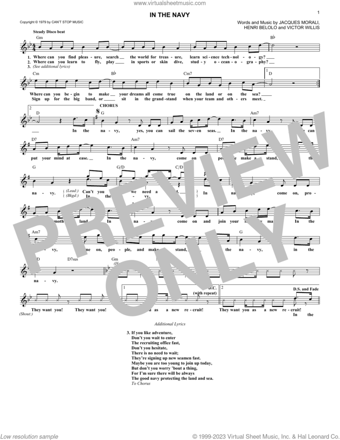 In The Navy sheet music for voice and other instruments (fake book) by Village People, Henri Belolo, Jacques Morali and Victor Willis, intermediate skill level