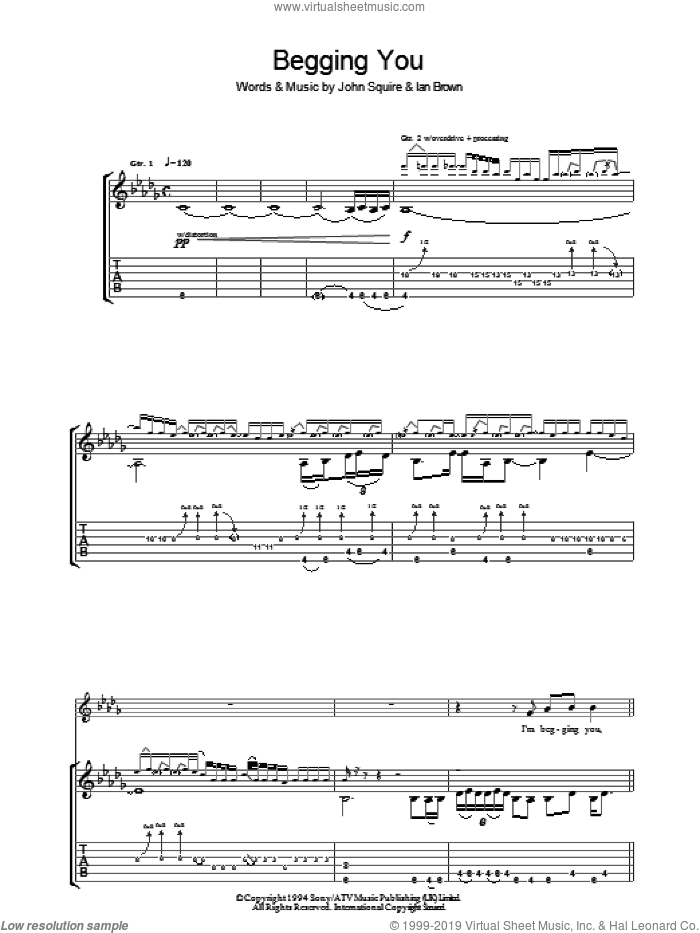Begging You sheet music for guitar (tablature) by The Stone Roses, Ian Brown and John Squire, intermediate skill level
