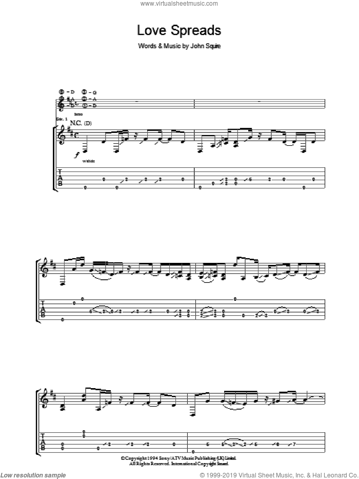 Love Spreads sheet music for guitar (tablature) by The Stone Roses and John Squire, intermediate skill level