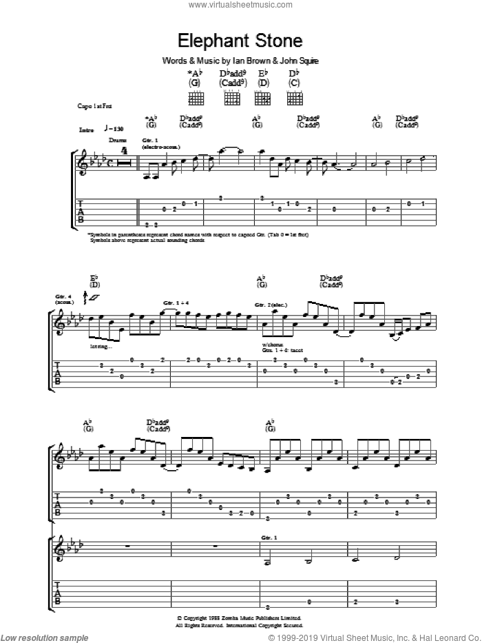 Elephant Stone sheet music for guitar (tablature) by The Stone Roses, Ian Brown and John Squire, intermediate skill level