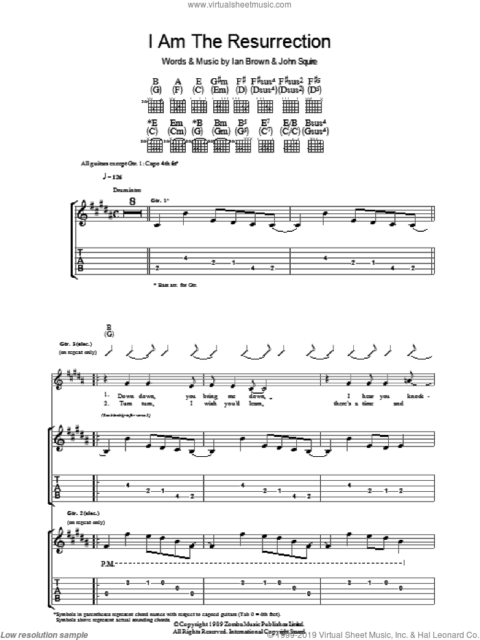 I Am The Resurrection sheet music for guitar (tablature) by The Stone Roses, Ian Brown and John Squire, intermediate skill level