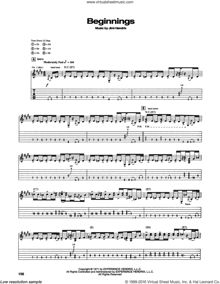 Beginnings sheet music for guitar (tablature) by Jimi Hendrix, intermediate skill level