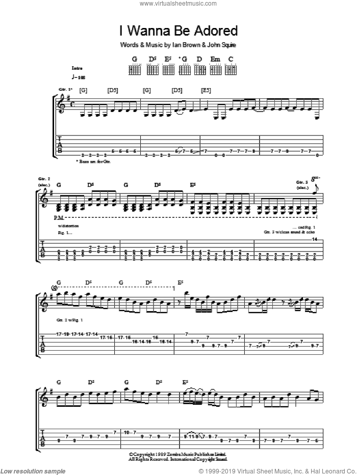 I Wanna Be Adored sheet music for guitar (tablature) by The Stone Roses, Ian Brown and John Squire, intermediate skill level