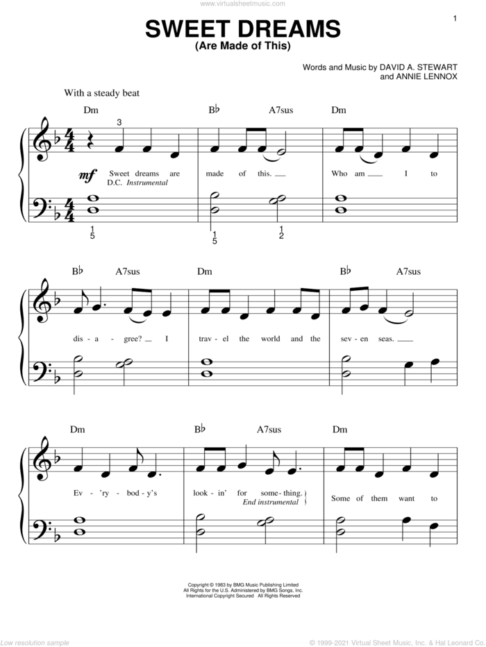melodía Reacondicionamiento A rayas Sweet Dreams (Are Made Of This) sheet music for piano solo (big note book)