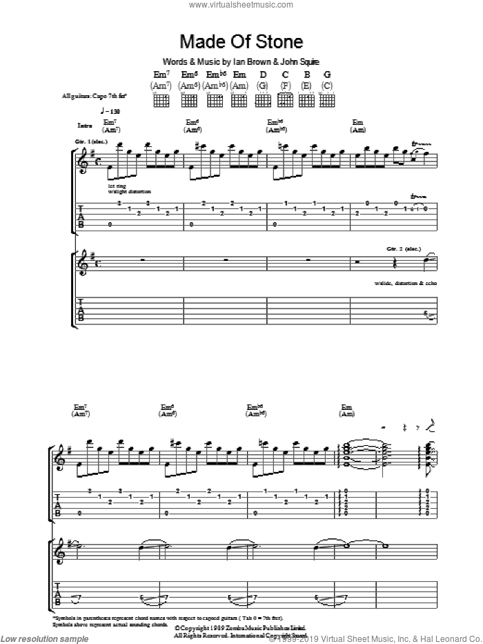 Made Of Stone sheet music for guitar (tablature) by The Stone Roses, Ian Brown and John Squire, intermediate skill level