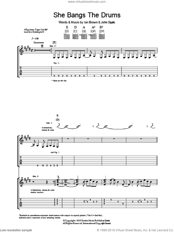 She Bangs The Drums sheet music for guitar (tablature) by The Stone Roses, Ian Brown and John Squire, intermediate skill level