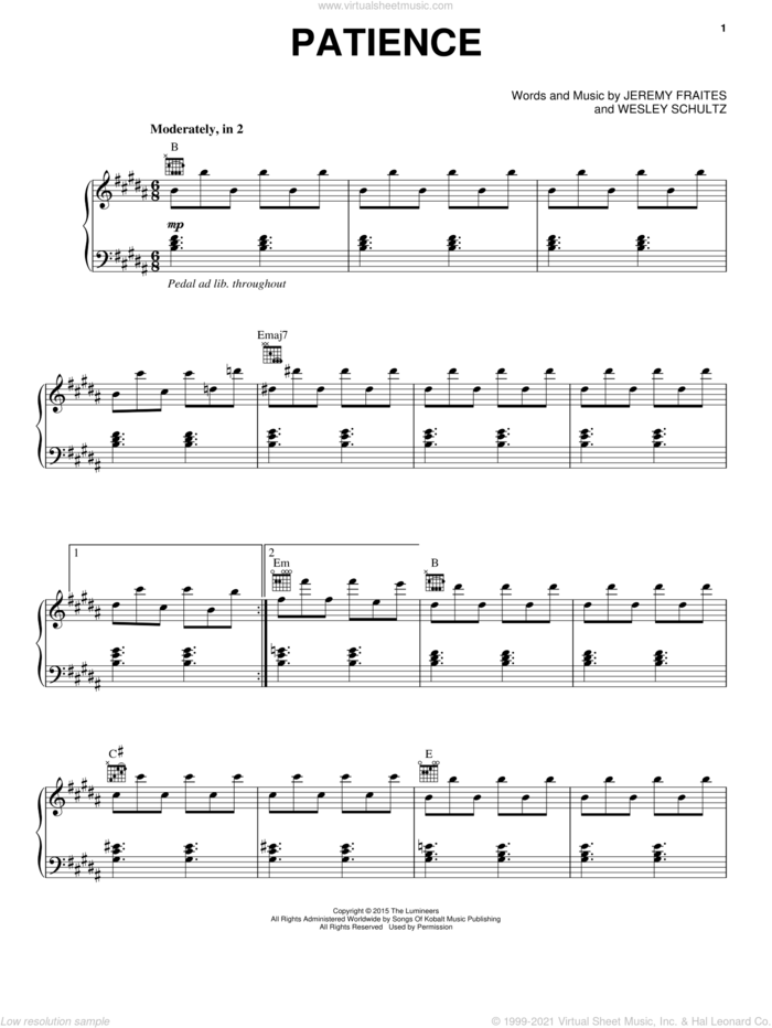 Patience sheet music for voice, piano or guitar by The Lumineers, Jeremy Fraites and Wesley Schultz, intermediate skill level