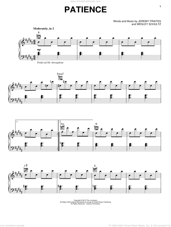 Patience sheet music for voice, piano or guitar by The Lumineers, Jeremy Fraites and Wesley Schultz, intermediate skill level