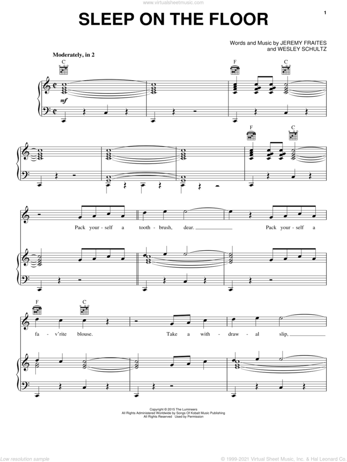 Sleep On The Floor sheet music for voice, piano or guitar by The Lumineers, Jeremy Fraites and Wesley Schultz, intermediate skill level