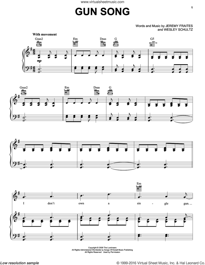 Gun Song sheet music for voice, piano or guitar by The Lumineers, Jeremy Fraites and Wesley Schultz, intermediate skill level