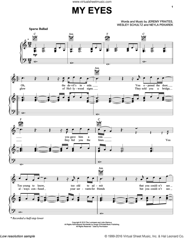 My Eyes sheet music for voice, piano or guitar by The Lumineers, Jeremy Fraites and Wesley Schultz, intermediate skill level