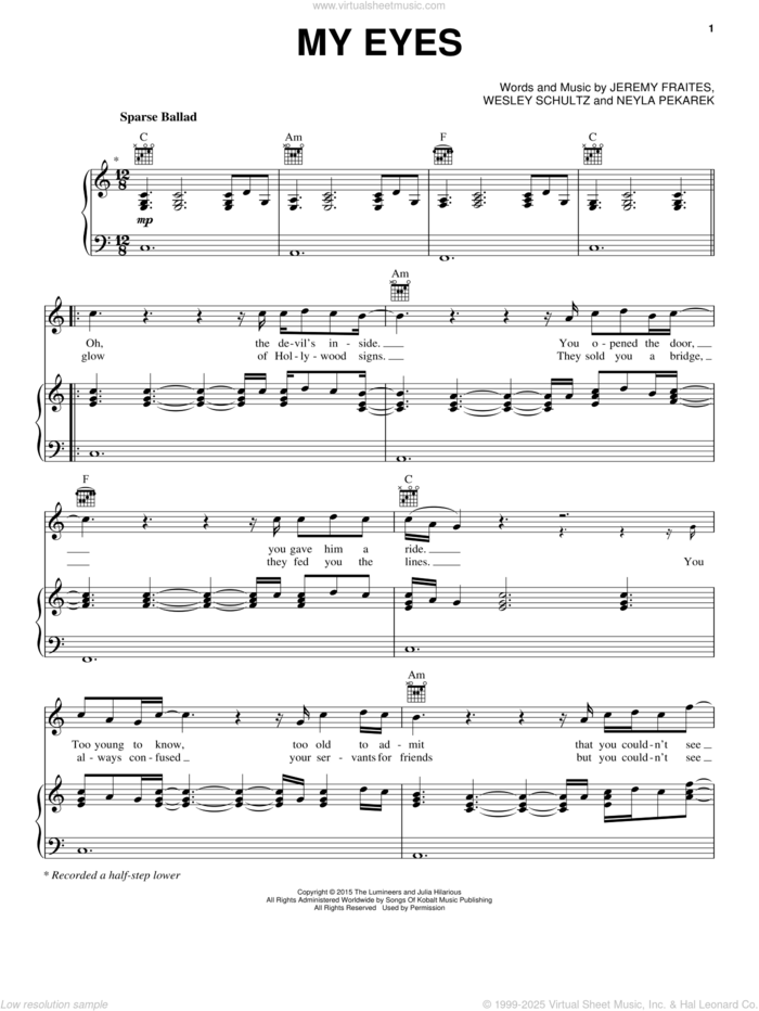 My Eyes sheet music for voice, piano or guitar by The Lumineers, Jeremy Fraites and Wesley Schultz, intermediate skill level