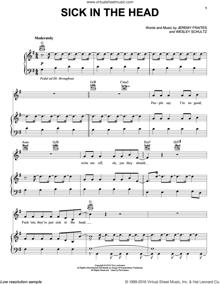 Sick In The Head sheet music for voice, piano or guitar by The Lumineers, Jeremy Fraites and Wesley Schultz, intermediate skill level