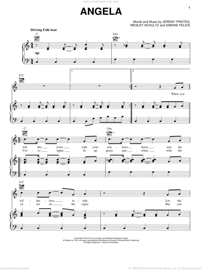 Angela sheet music for voice, piano or guitar by The Lumineers, Jeremy Fraites, Simone Felice and Wesley Schultz, intermediate skill level