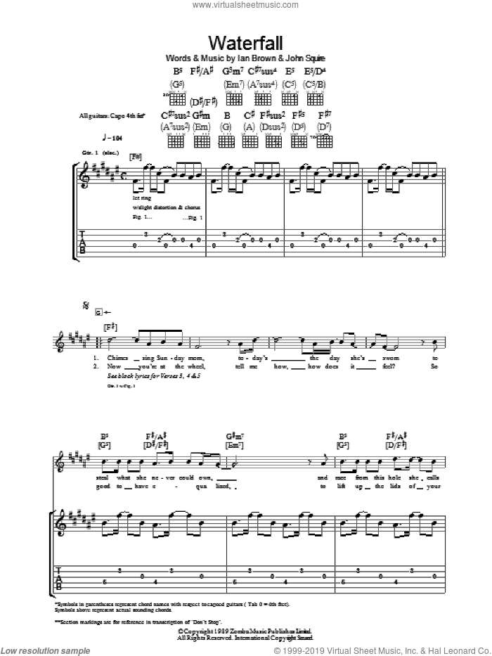 Waterfall sheet music for guitar (tablature) by The Stone Roses, Ian Brown and John Squire, intermediate skill level