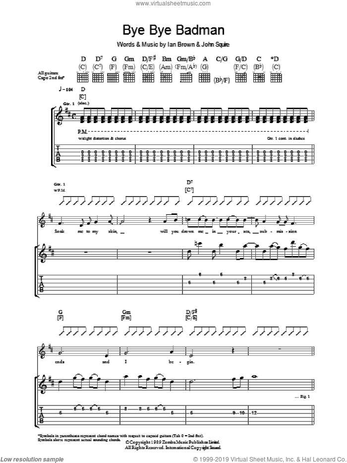 Bye Bye Badman sheet music for guitar (tablature) by The Stone Roses, Ian Brown and John Squire, intermediate skill level