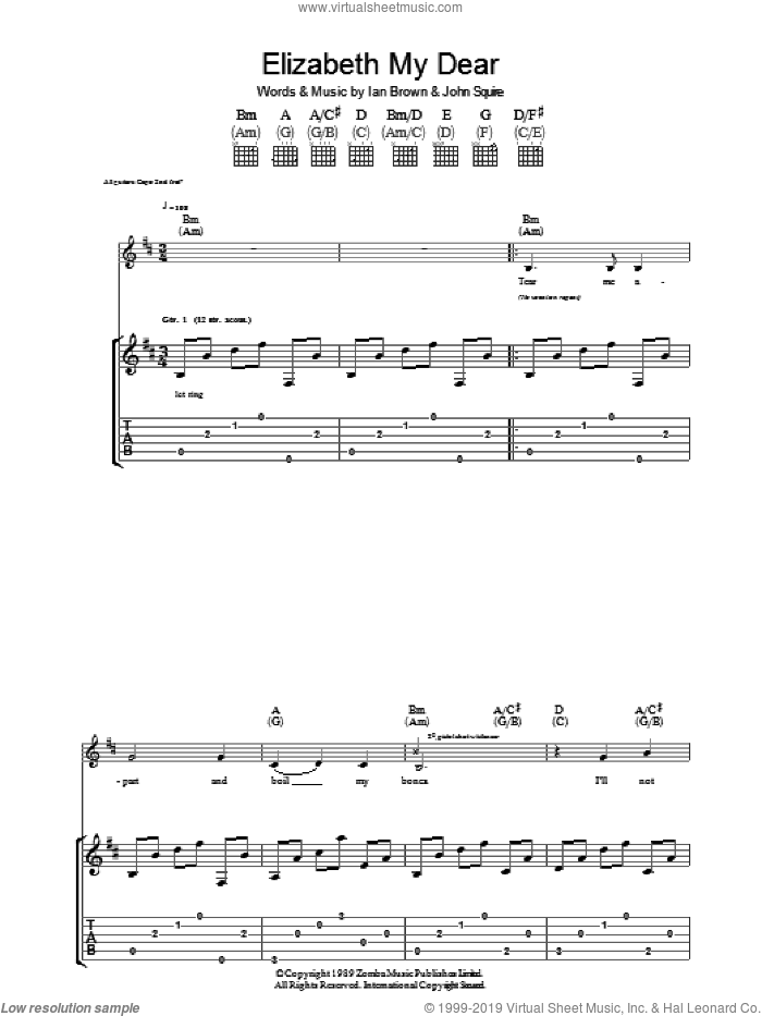 Elizabeth My Dear sheet music for guitar (tablature) by The Stone Roses, Ian Brown and John Squire, intermediate skill level