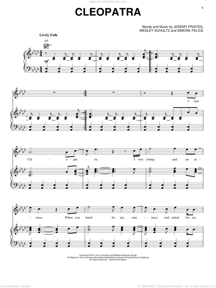 Cleopatra sheet music for voice, piano or guitar by The Lumineers, Jeremy Fraites, Simone Felice and Wesley Schultz, intermediate skill level