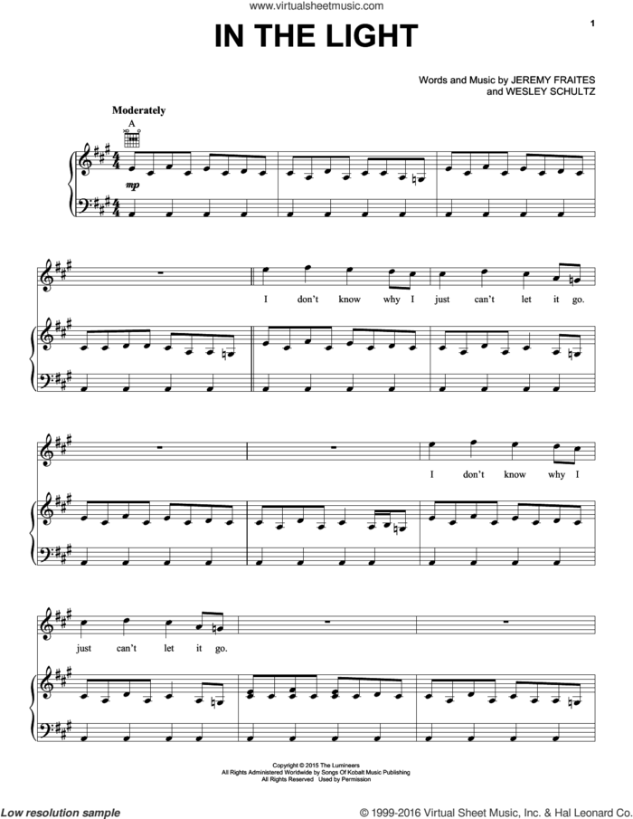 In The Light sheet music for voice, piano or guitar by The Lumineers, Jeremy Fraites and Wesley Schultz, intermediate skill level