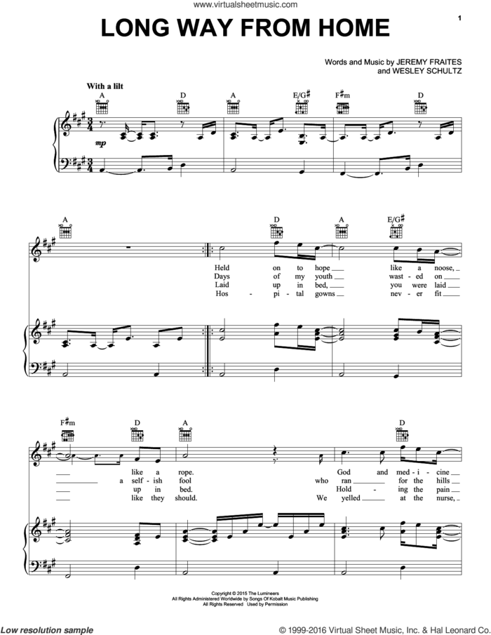 Long Way From Home sheet music for voice, piano or guitar by The Lumineers, Jeremy Fraites and Wesley Schultz, intermediate skill level