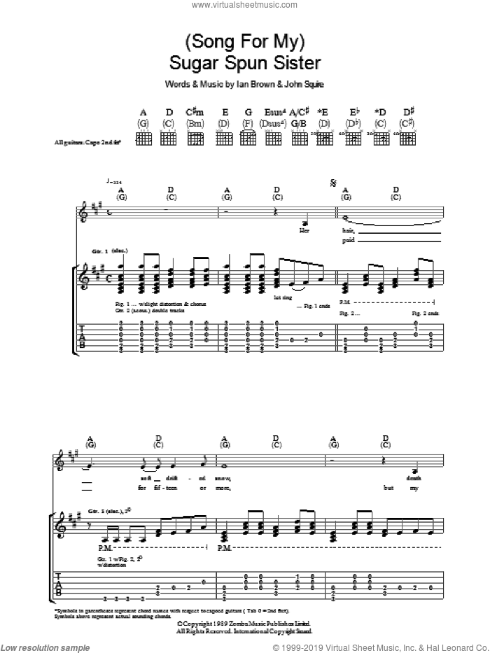 (Song For My) Sugar Spun Sister sheet music for guitar (tablature) by The Stone Roses, Ian Brown and John Squire, intermediate skill level
