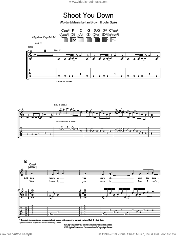 Shoot You Down sheet music for guitar (tablature) by The Stone Roses, Ian Brown and John Squire, intermediate skill level