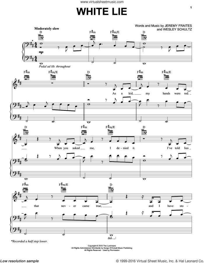 White Lie sheet music for voice, piano or guitar by The Lumineers, Jeremy Fraites and Wesley Schultz, intermediate skill level