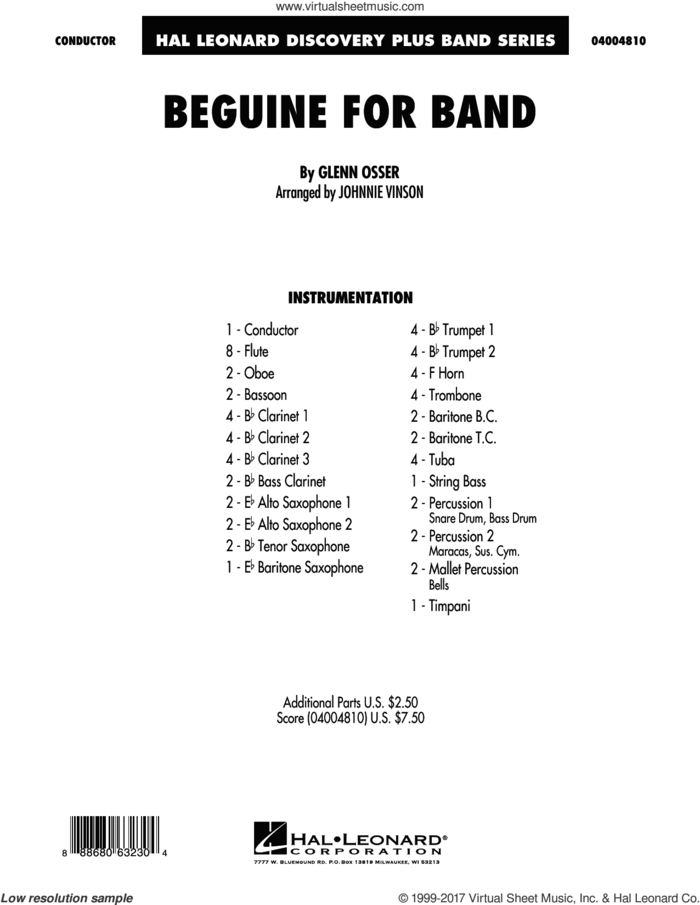 Beguine for Band (COMPLETE) sheet music for concert band by Johnnie Vinson, Glen Osser and Glenn Osser, intermediate skill level