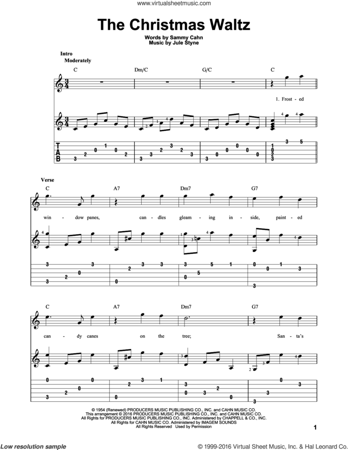 The Christmas Waltz sheet music for guitar solo by Sammy Cahn and Jule Styne, intermediate skill level