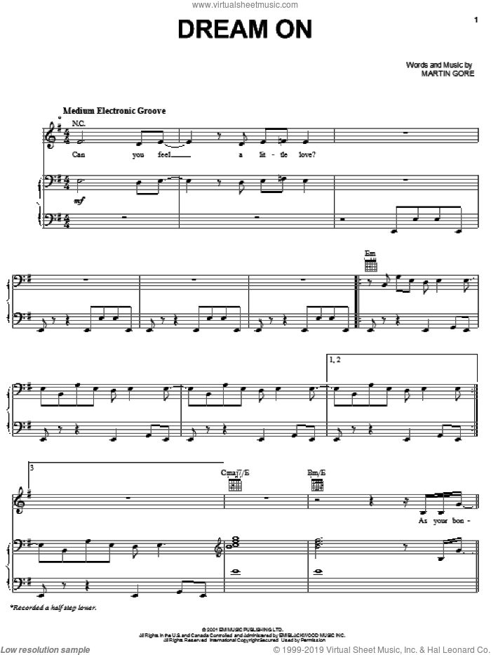 Dream On sheet music for voice, piano or guitar by Depeche Mode and Martin Gore, intermediate skill level