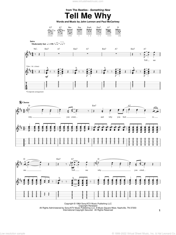 Tell Me Why sheet music for guitar (tablature) by The Beatles, John Lennon and Paul McCartney, intermediate skill level