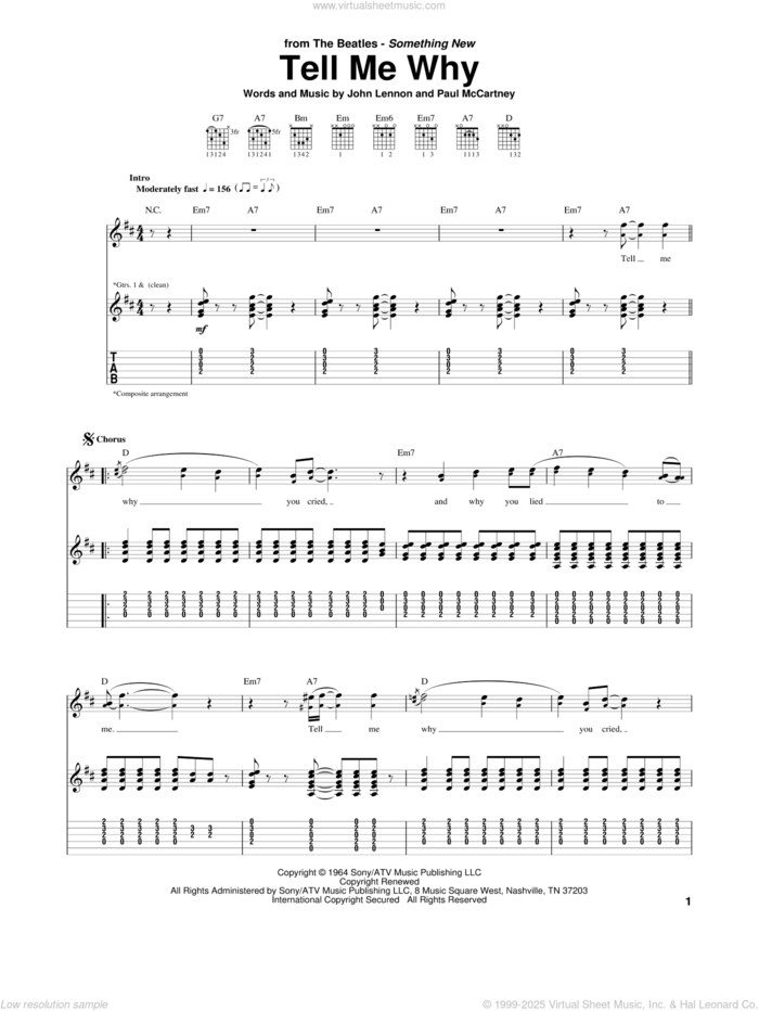 Tell Me Why sheet music for guitar (tablature) by The Beatles, John Lennon and Paul McCartney, intermediate skill level