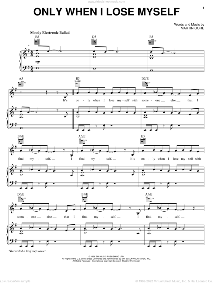 Only When I Lose Myself sheet music for voice, piano or guitar by Depeche Mode and Martin Gore, intermediate skill level
