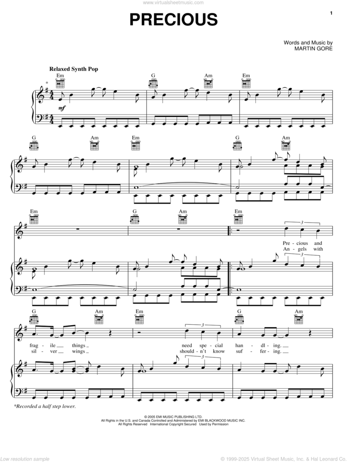 Precious sheet music for voice, piano or guitar by Depeche Mode and Martin Gore, intermediate skill level