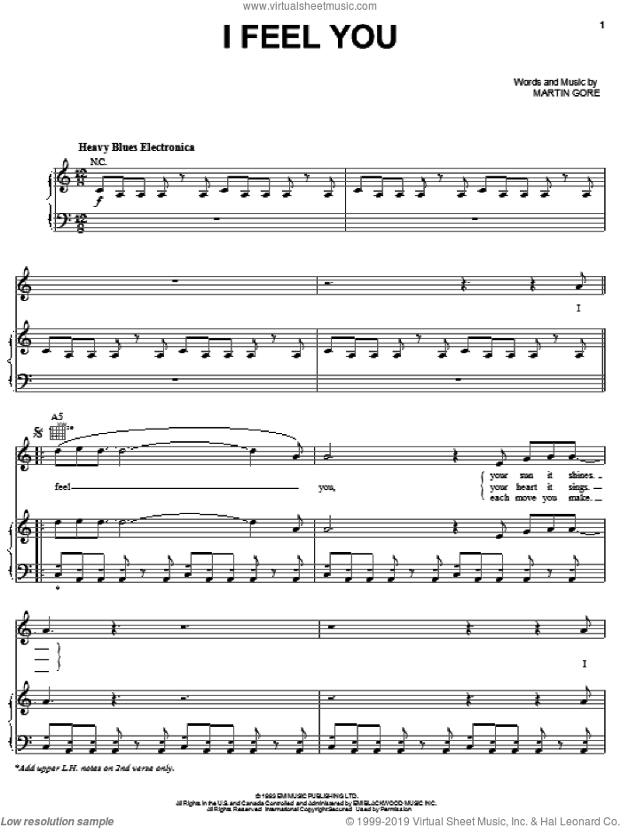 I Feel You sheet music for voice, piano or guitar by Depeche Mode and Martin Gore, intermediate skill level