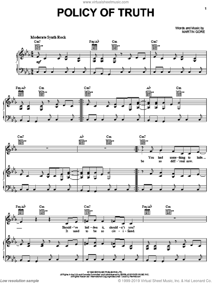 Policy Of Truth sheet music for voice, piano or guitar by Depeche Mode and Martin Gore, intermediate skill level