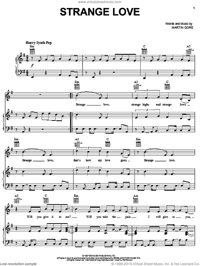 Strange Love sheet music for voice, piano or guitar by Depeche Mode and Martin Gore, intermediate skill level