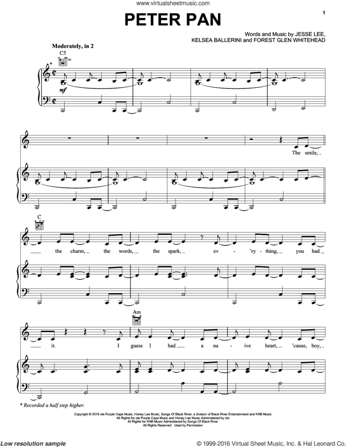 Peter Pan sheet music for voice, piano or guitar by Kelsea Ballerini, Kelsey Ballerini, Forest Glen Whitehead and Jesse Lee, intermediate skill level