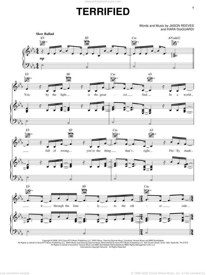 Terrified sheet music for voice, piano or guitar by Katharine McPhee, Jason Reeves and Kara DioGuardi, intermediate skill level