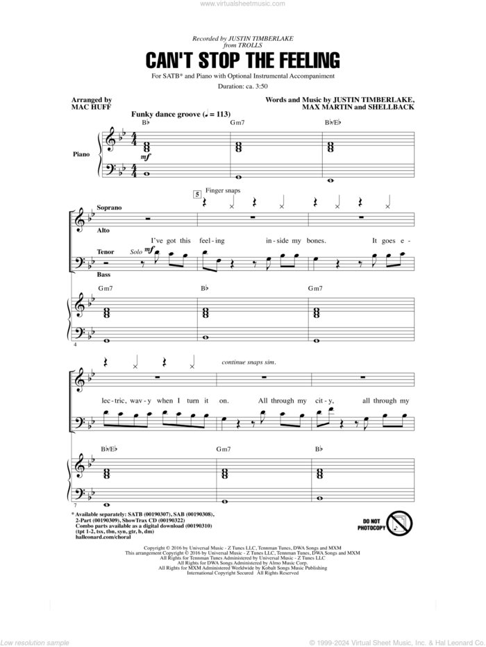 Can't Stop The Feeling (from Trolls) (arr. Mac Huff) sheet music for choir (SATB: soprano, alto, tenor, bass) by Max Martin, Mac Huff, Johan Schuster, Justin Timberlake and Shellback, intermediate skill level