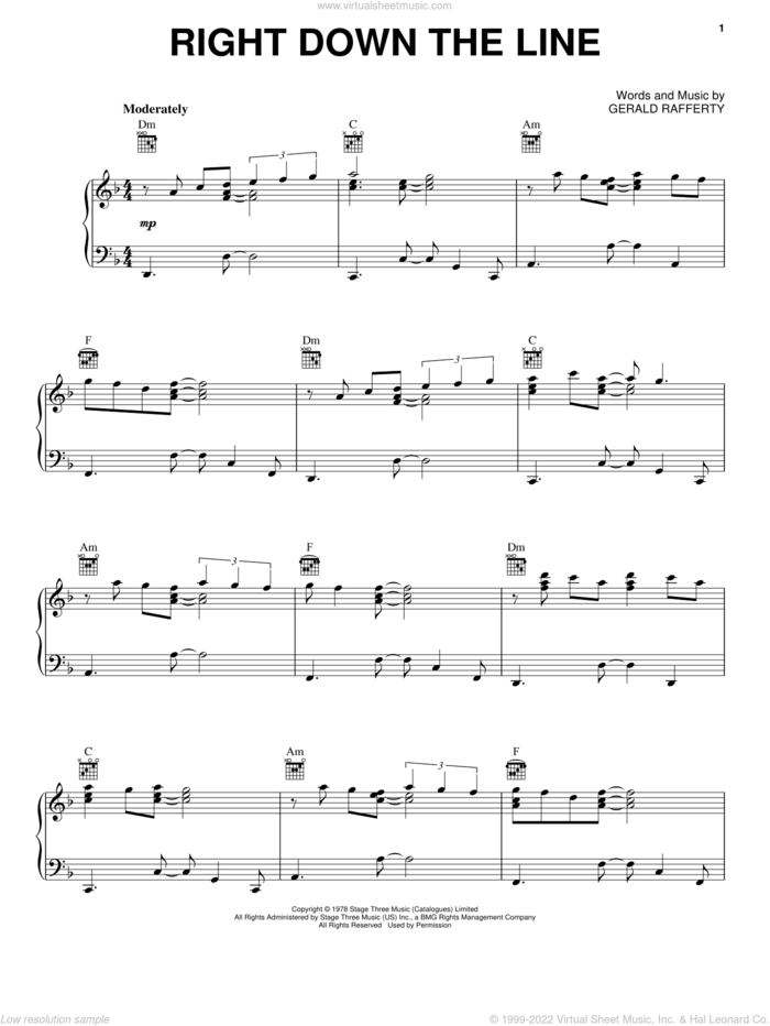 Right Down The Line sheet music for voice, piano or guitar by Gerry Rafferty and Gerald Rafferty, intermediate skill level