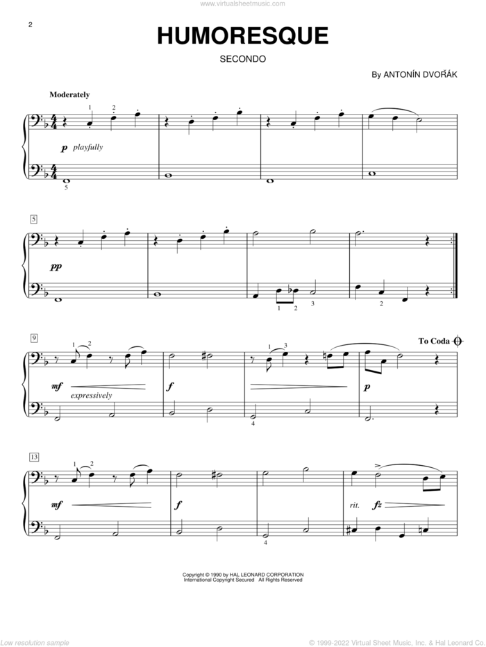 Humoresque sheet music for piano four hands by Antonin Dvorak, classical score, intermediate skill level